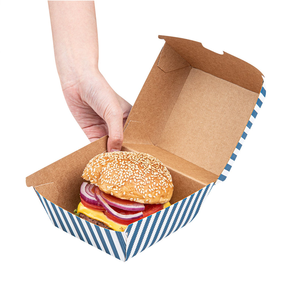 Bio Tek Blue and White Stripe Paper Burger Box - Ripple Wall - 4" x 4" x 3 3/4" - 100 count box