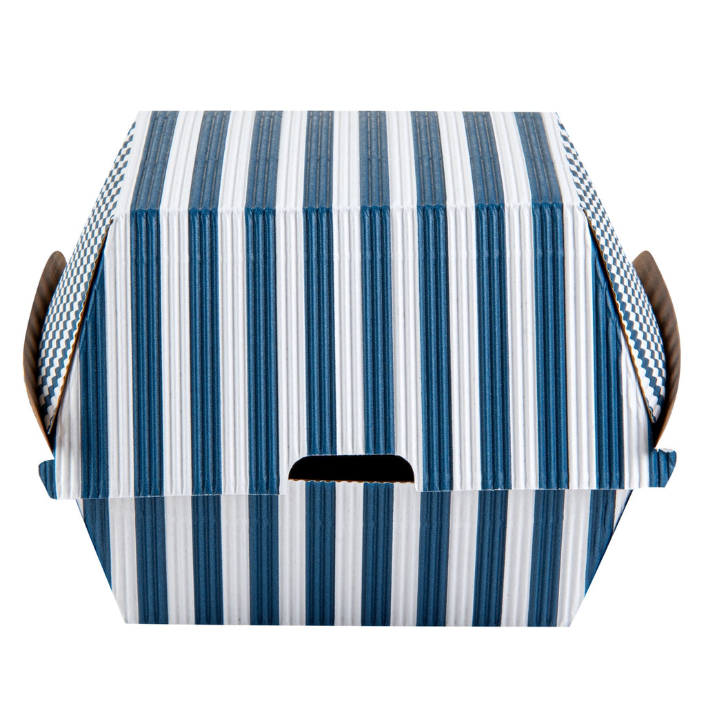 Bio Tek Blue and White Stripe Paper Burger Box - Ripple Wall - 4" x 4" x 3 3/4" - 100 count box
