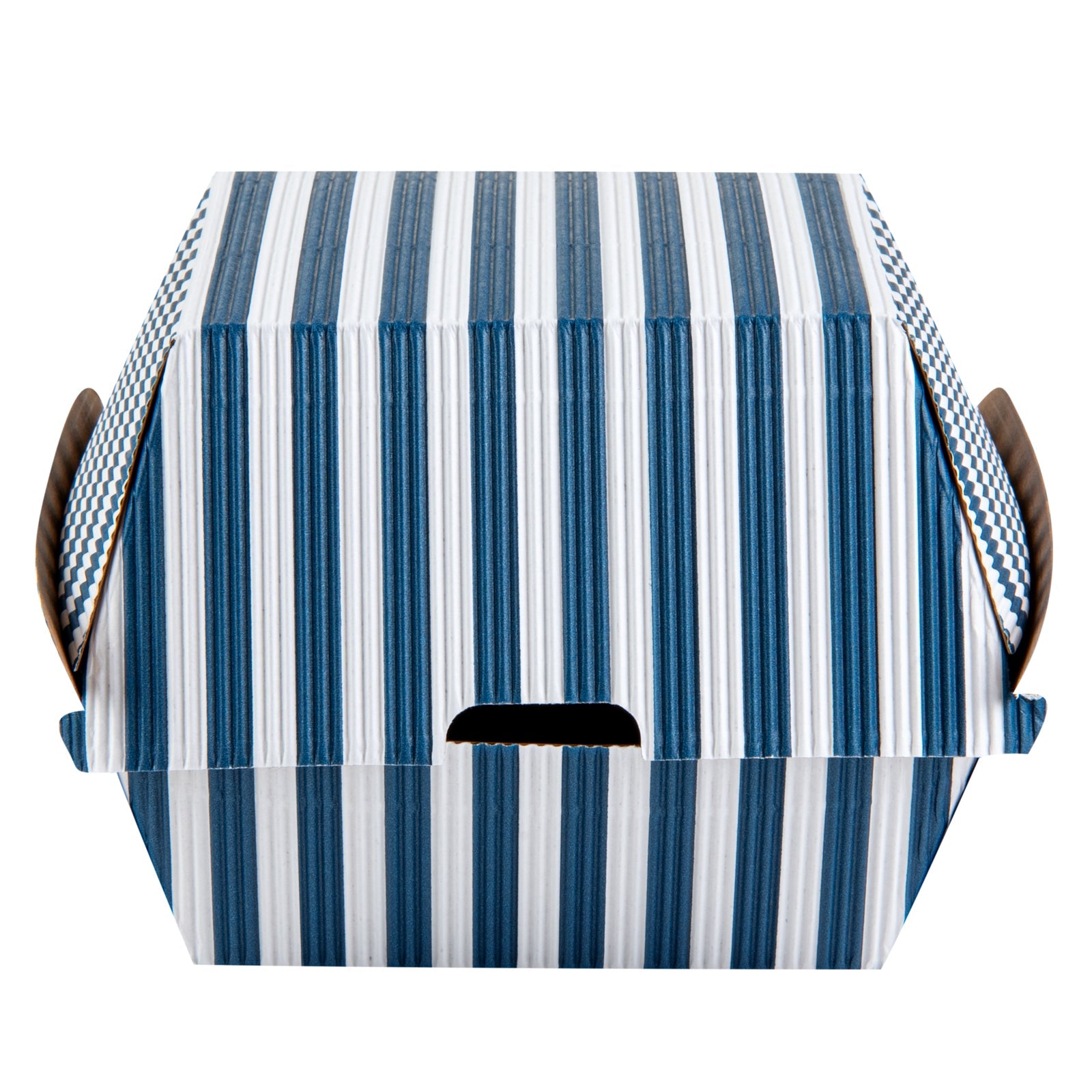 Bio Tek Blue and White Stripe Paper Burger Box - Ripple Wall - 4" x 4" x 3 3/4" - 100 count box