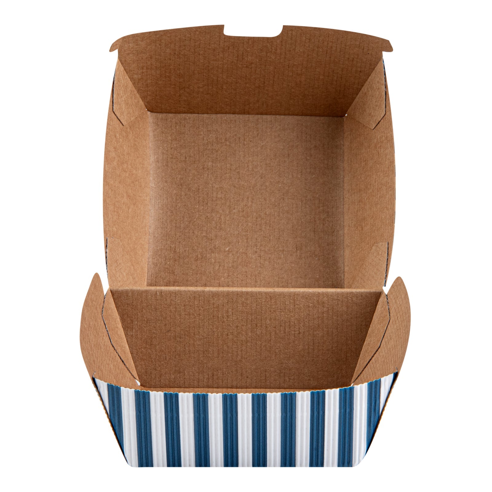Bio Tek Blue and White Stripe Paper Burger Box - Ripple Wall - 4" x 4" x 3 3/4" - 100 count box
