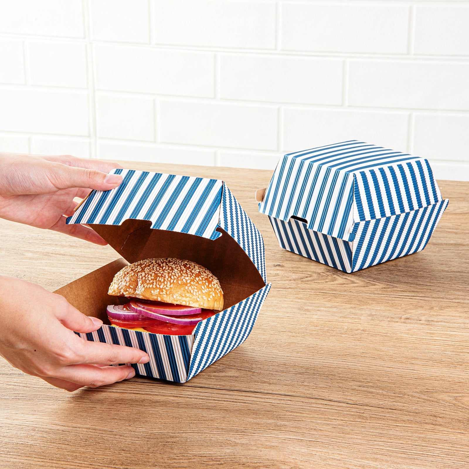 Bio Tek Blue and White Stripe Paper Burger Box - Ripple Wall - 4" x 4" x 3 3/4" - 100 count box