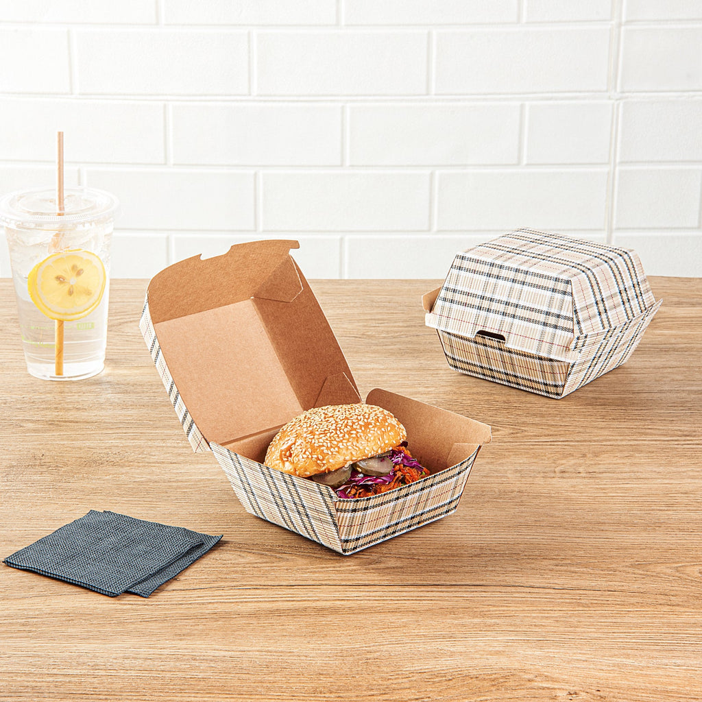 Bio Tek Plaid Paper Burger Box - Ripple Wall - 4" x 4" x 3 3/4" - 100 count box