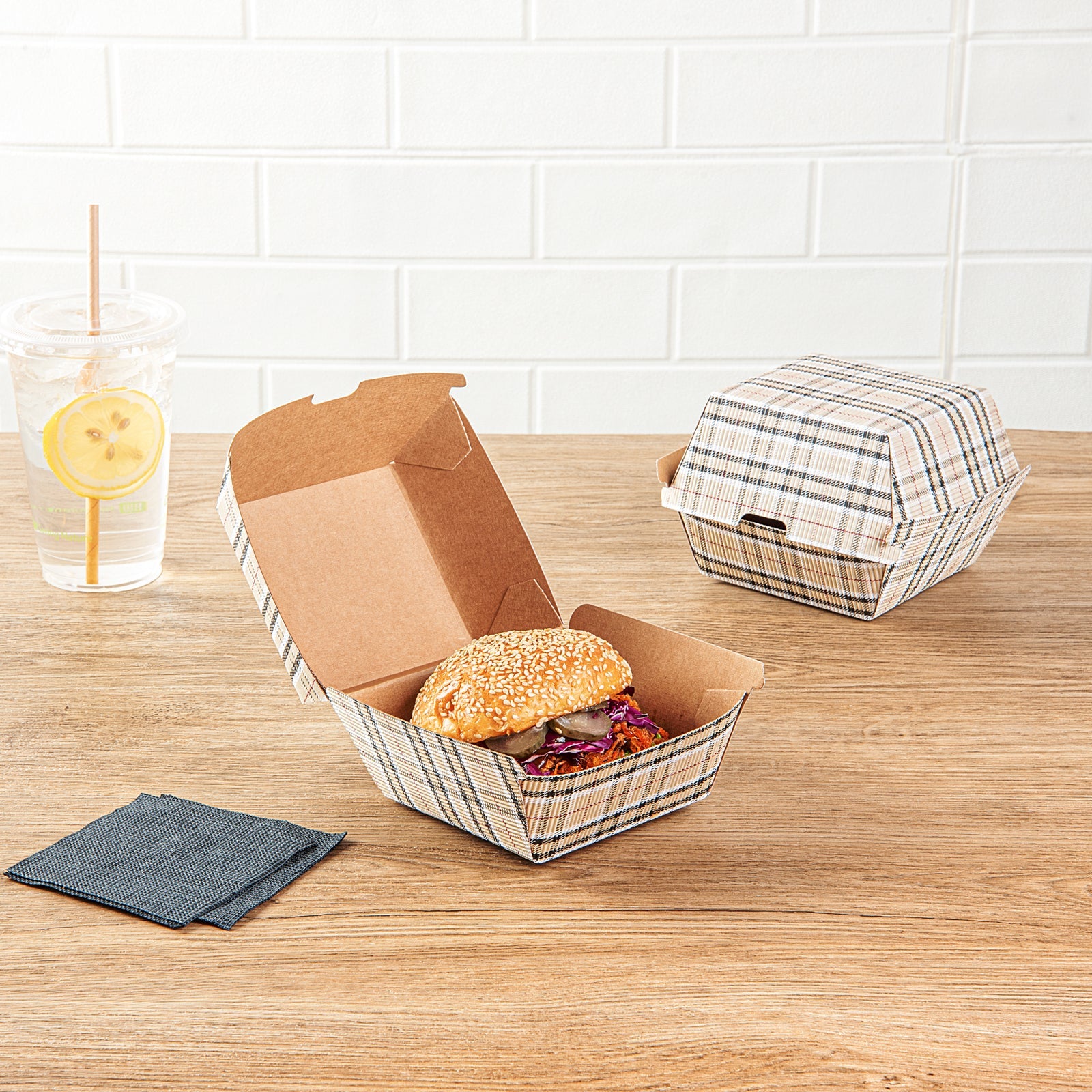 Bio Tek Plaid Paper Burger Box - Ripple Wall - 4" x 4" x 3 3/4" - 100 count box