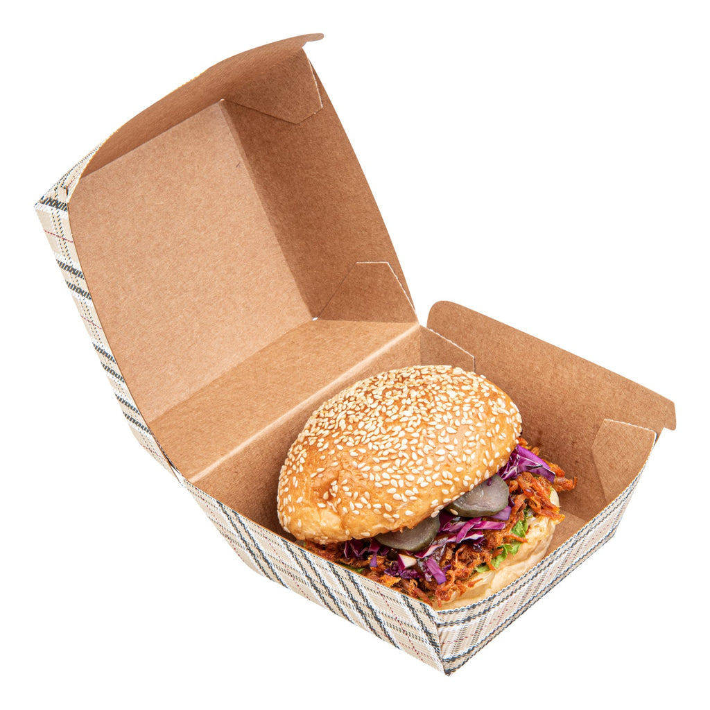 Bio Tek Plaid Paper Burger Box - Ripple Wall - 4" x 4" x 3 3/4" - 100 count box