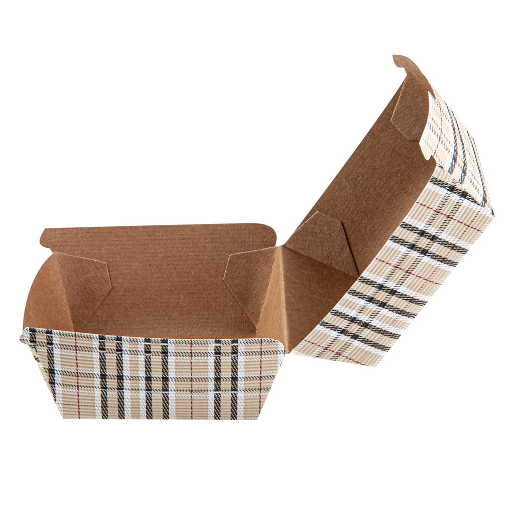 Bio Tek Plaid Paper Burger Box - Ripple Wall - 4" x 4" x 3 3/4" - 100 count box