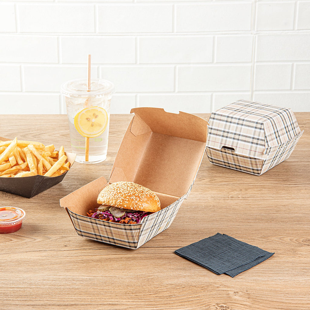 Bio Tek Plaid Paper Burger Box - Ripple Wall - 4" x 4" x 3 3/4" - 100 count box