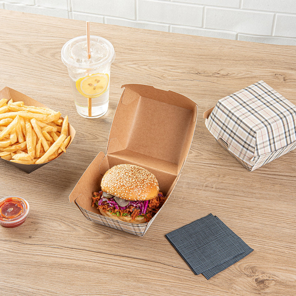 Bio Tek Plaid Paper Burger Box - Ripple Wall - 4" x 4" x 3 3/4" - 100 count box