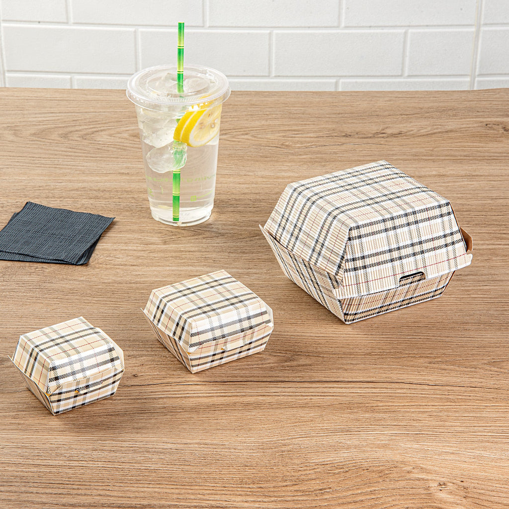 Bio Tek Plaid Paper Burger Box - Ripple Wall - 4" x 4" x 3 3/4" - 100 count box