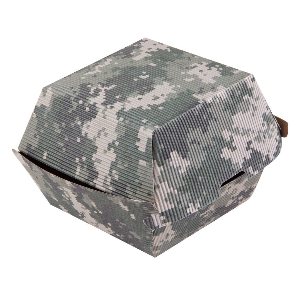 Bio Tek Camouflage Paper Burger Box - Ripple Wall - 4" x 4" x 3 3/4" - 100 count box