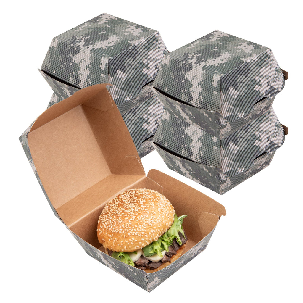 Bio Tek Camouflage Paper Burger Box - Ripple Wall - 4" x 4" x 3 3/4" - 100 count box