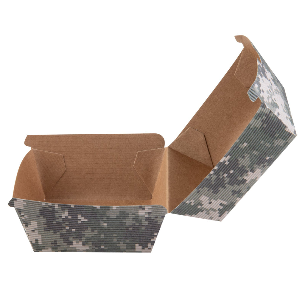 Bio Tek Camouflage Paper Burger Box - Ripple Wall - 4" x 4" x 3 3/4" - 100 count box