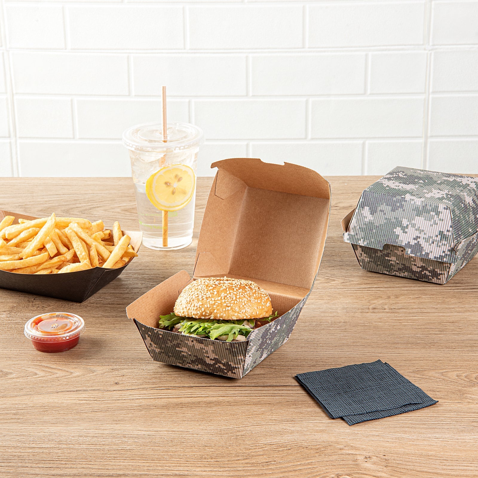 Bio Tek Camouflage Paper Burger Box - Ripple Wall - 4" x 4" x 3 3/4" - 100 count box