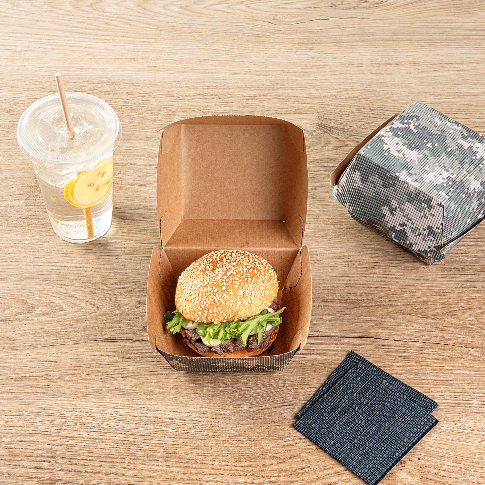 Bio Tek Camouflage Paper Burger Box - Ripple Wall - 4" x 4" x 3 3/4" - 100 count box