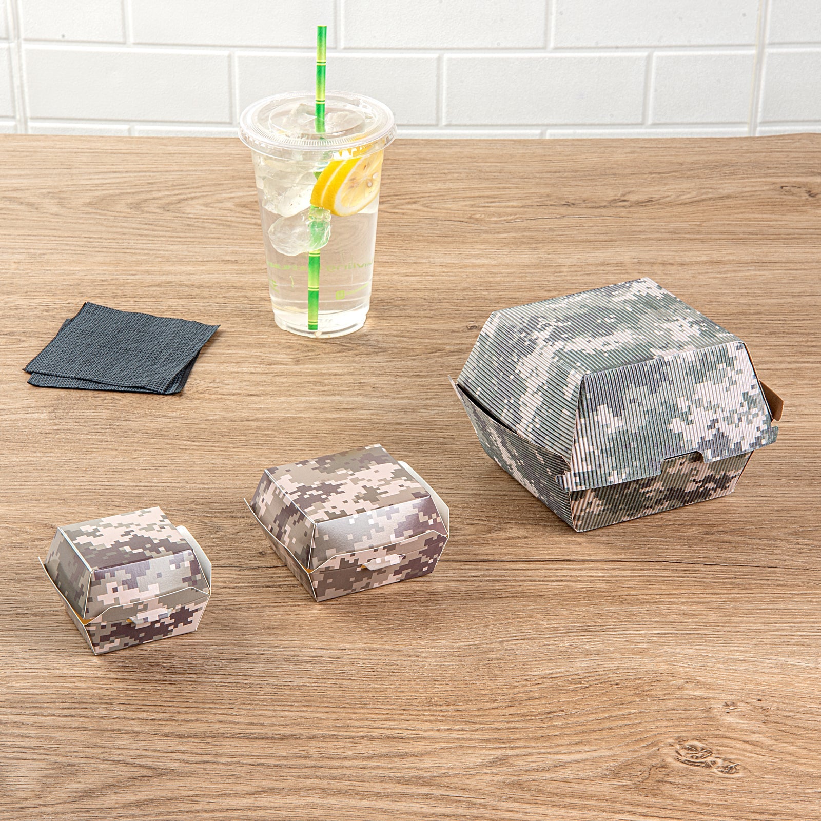 Bio Tek Camouflage Paper Burger Box - Ripple Wall - 4" x 4" x 3 3/4" - 100 count box