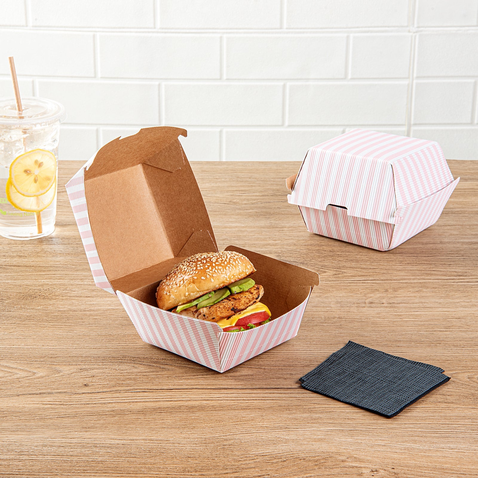 Bio Tek Pink and White Stripe Paper Burger Box - Ripple Wall - 4" x 4" x 3 3/4" - 100 count box