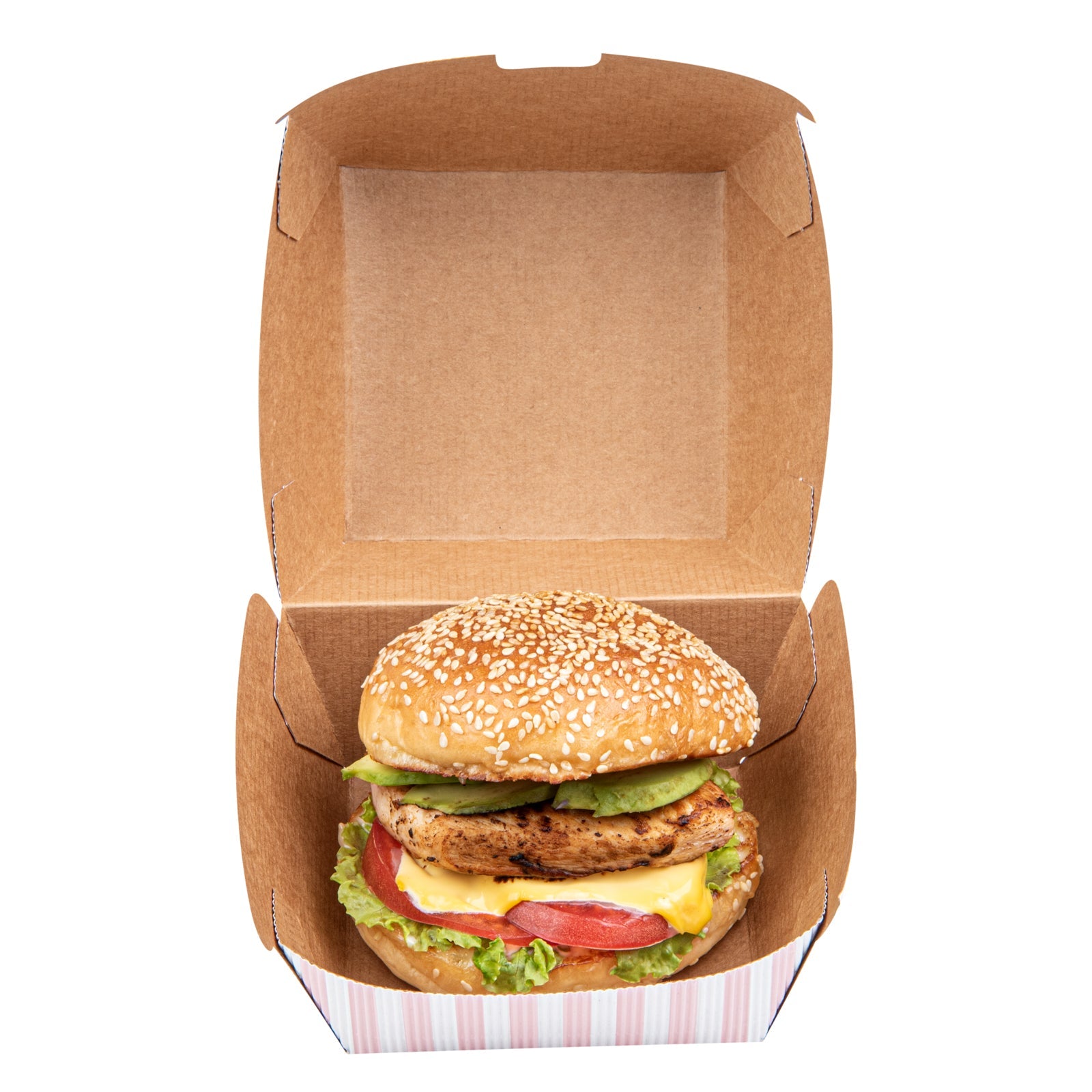 Bio Tek Pink and White Stripe Paper Burger Box - Ripple Wall - 4" x 4" x 3 3/4" - 100 count box