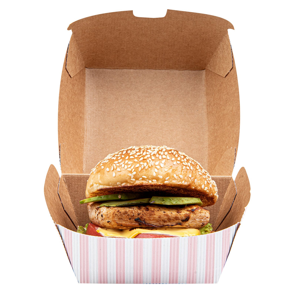 Bio Tek Pink and White Stripe Paper Burger Box - Ripple Wall - 4" x 4" x 3 3/4" - 100 count box