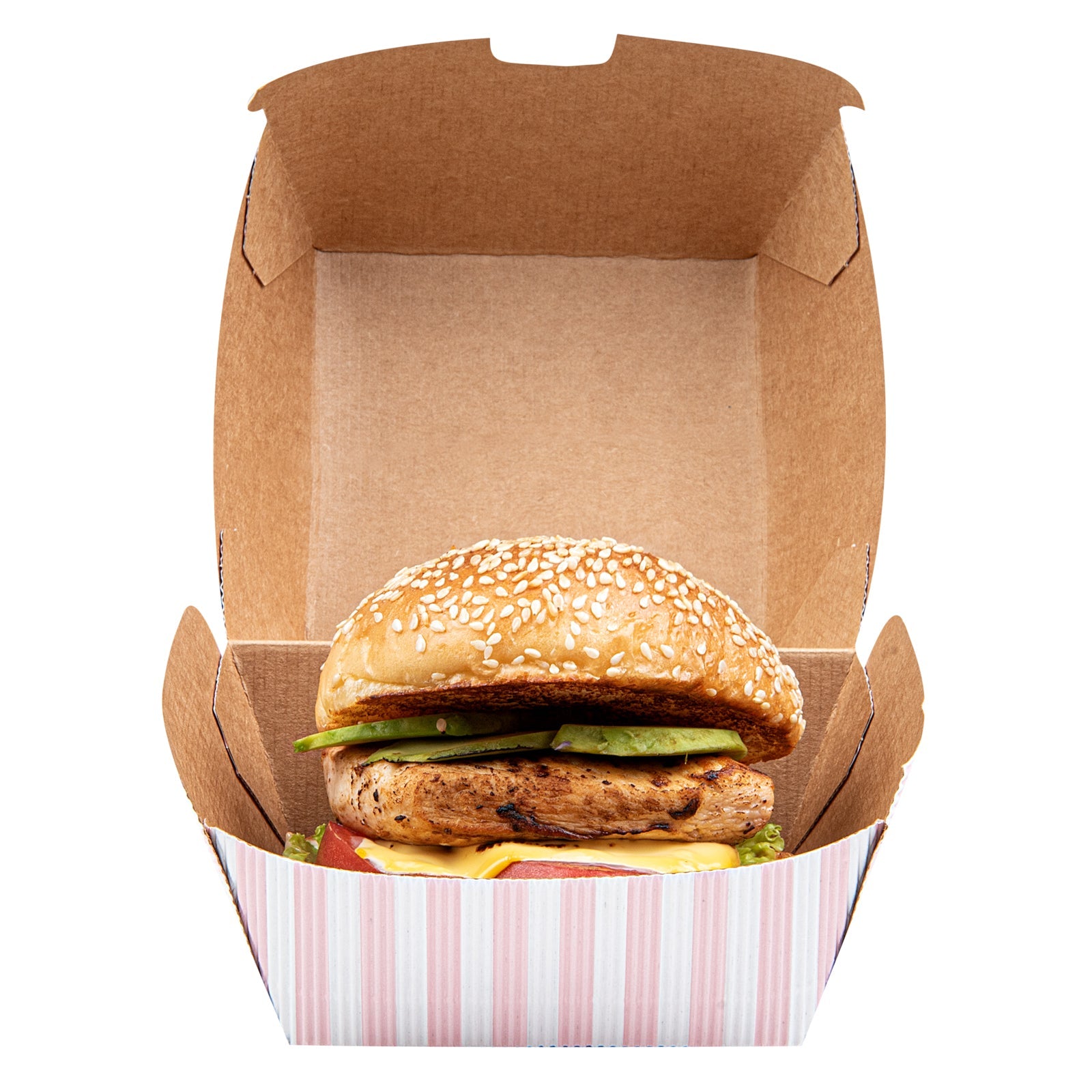 Bio Tek Pink and White Stripe Paper Burger Box - Ripple Wall - 4" x 4" x 3 3/4" - 100 count box