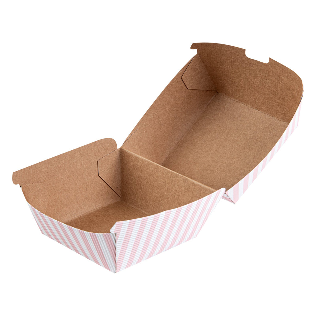 Bio Tek Pink and White Stripe Paper Burger Box - Ripple Wall - 4" x 4" x 3 3/4" - 100 count box