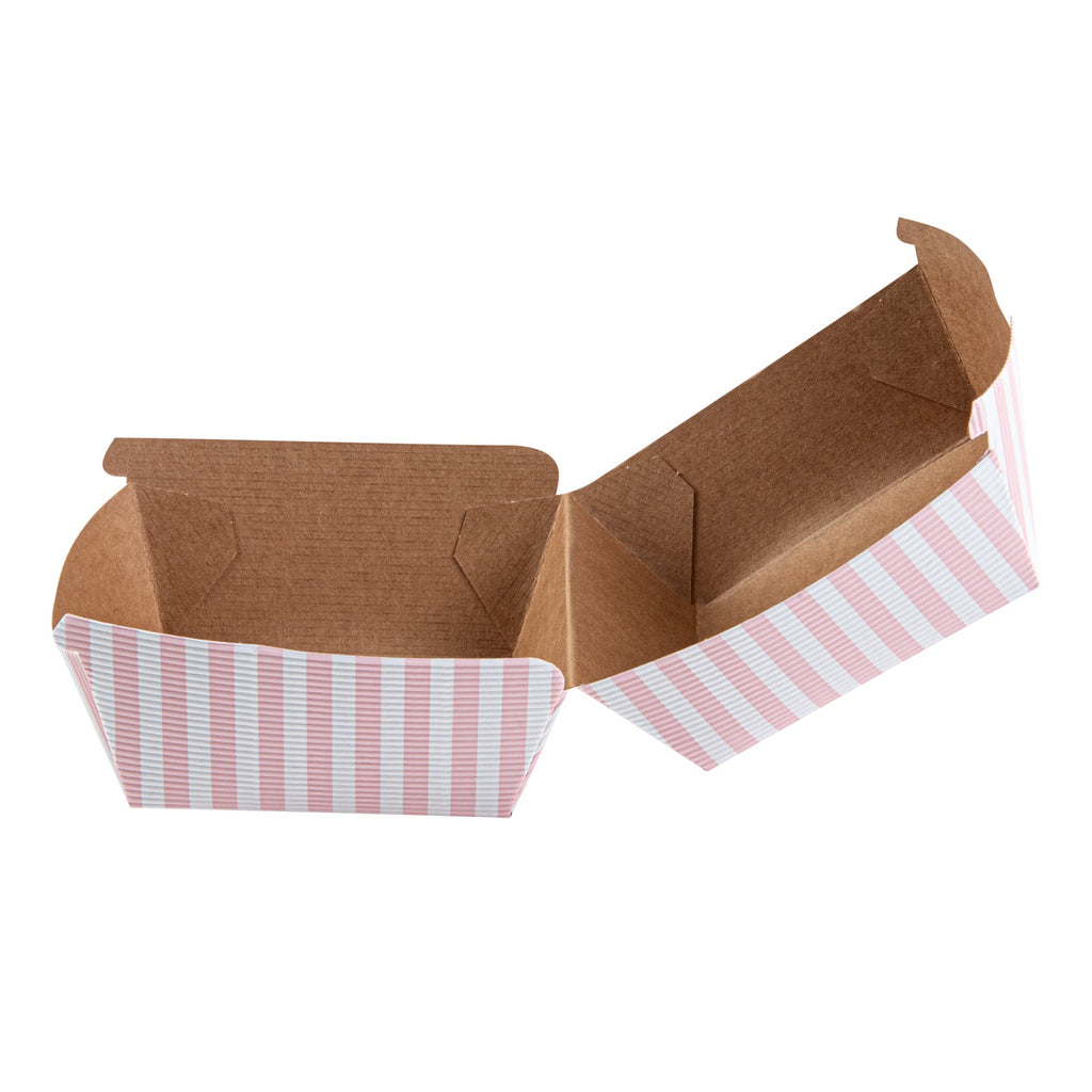 Bio Tek Pink and White Stripe Paper Burger Box - Ripple Wall - 4" x 4" x 3 3/4" - 100 count box