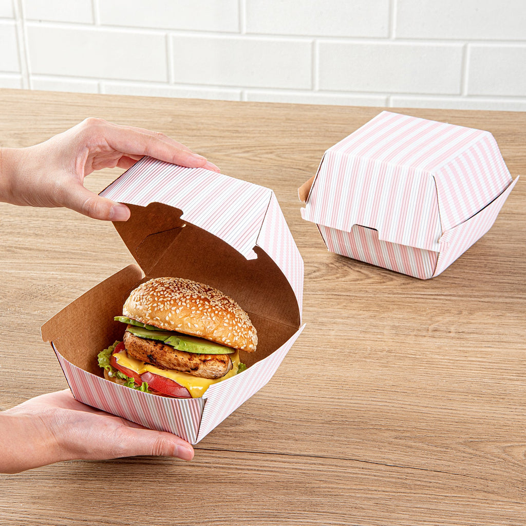 Bio Tek Pink and White Stripe Paper Burger Box - Ripple Wall - 4" x 4" x 3 3/4" - 100 count box