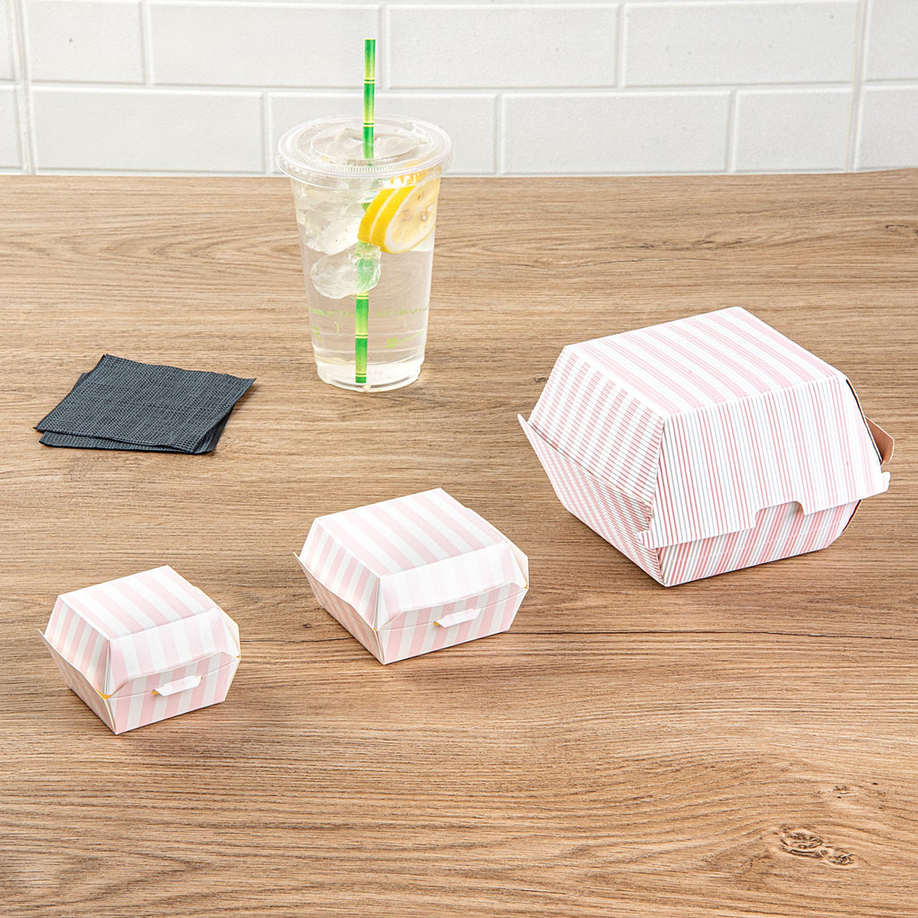 Bio Tek Pink and White Stripe Paper Burger Box - Ripple Wall - 4" x 4" x 3 3/4" - 100 count box