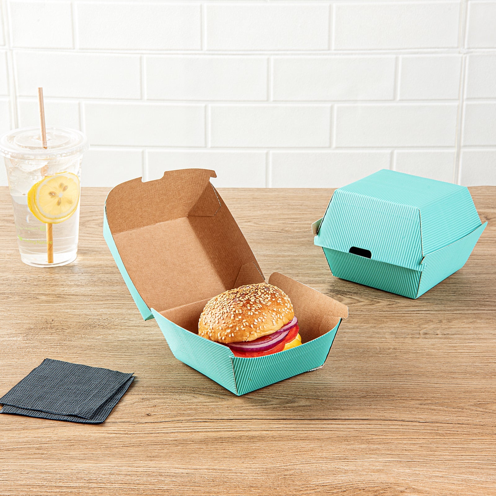 Bio Tek Turquoise Paper Burger Box - Ripple Wall - 4" x 4" x 3 3/4" - 100 count box