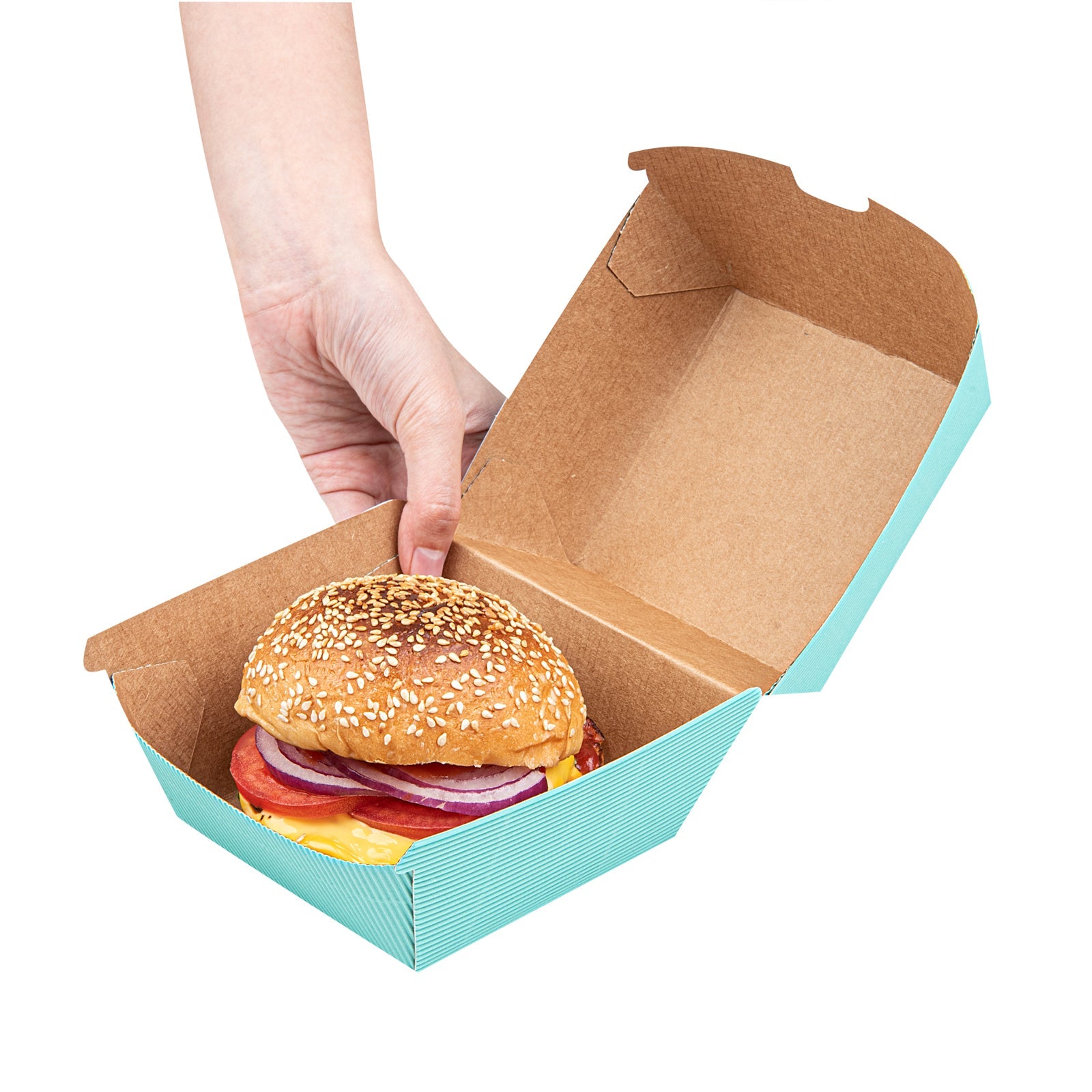 Bio Tek Turquoise Paper Burger Box - Ripple Wall - 4" x 4" x 3 3/4" - 100 count box