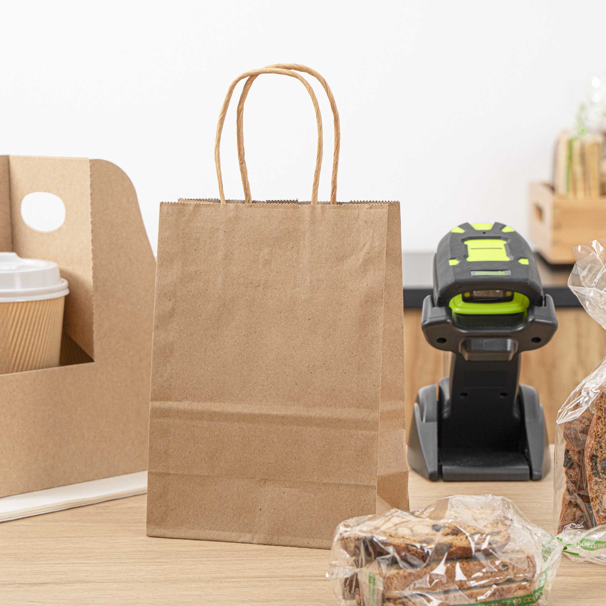 Saving Nature Kraft Paper Small Retail Bag - with Handles - 6" x 3 1/4" x 8 1/4" - 100 count box