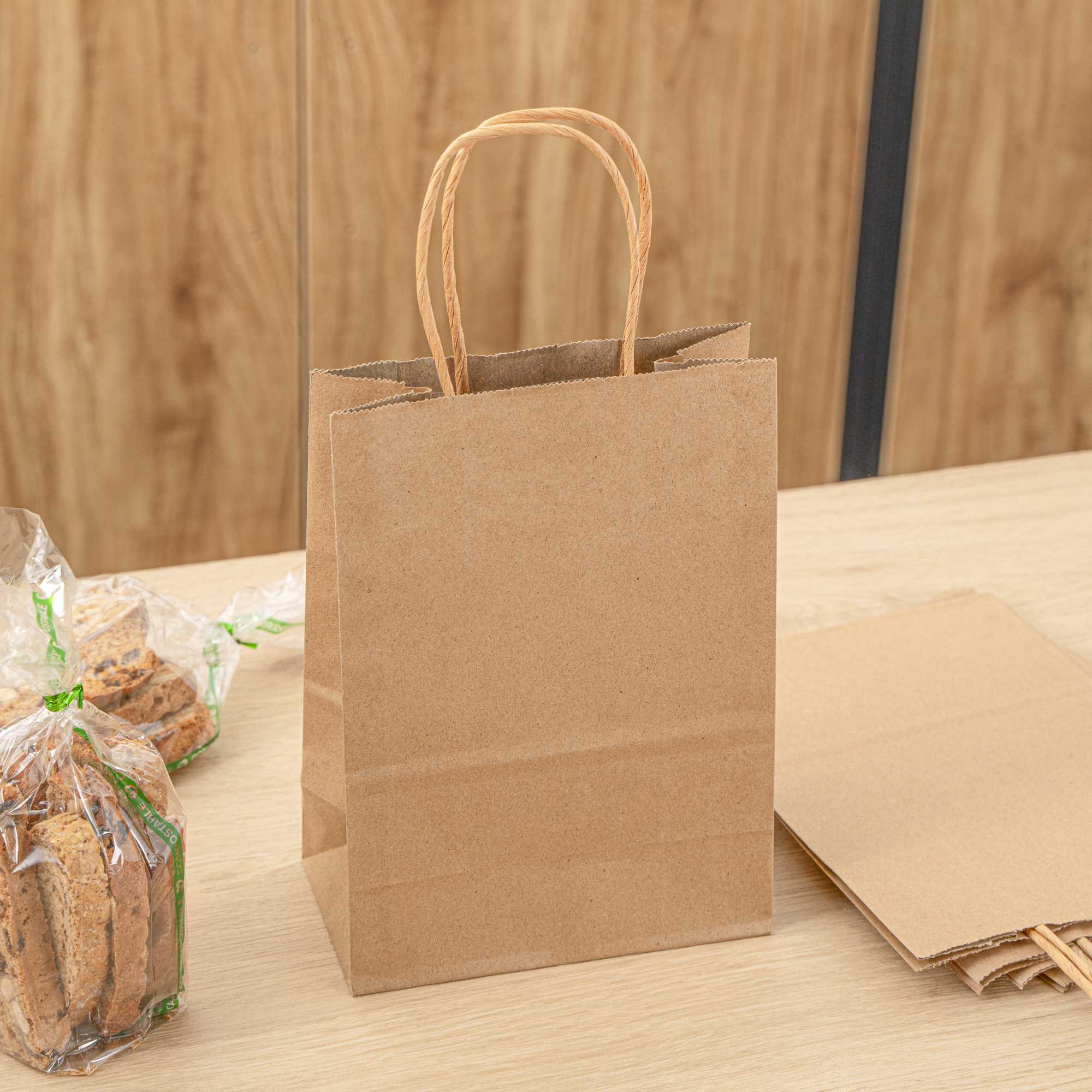 Saving Nature Kraft Paper Small Retail Bag - with Handles - 6" x 3 1/4" x 8 1/4" - 100 count box
