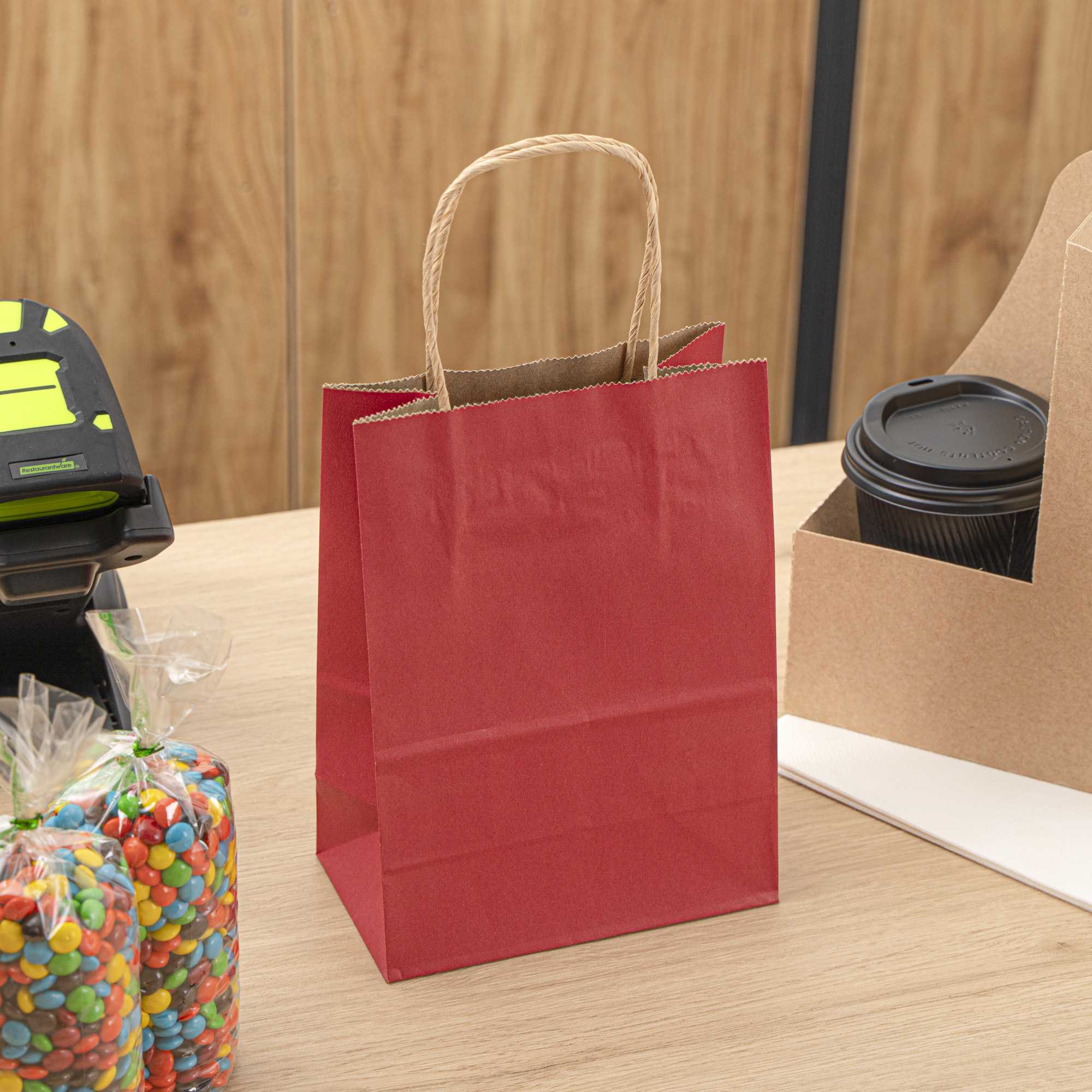 Saving Nature Red Paper Small Retail Bag - with Handles - 6" x 3 1/4" x 8 1/4" - 100 count box