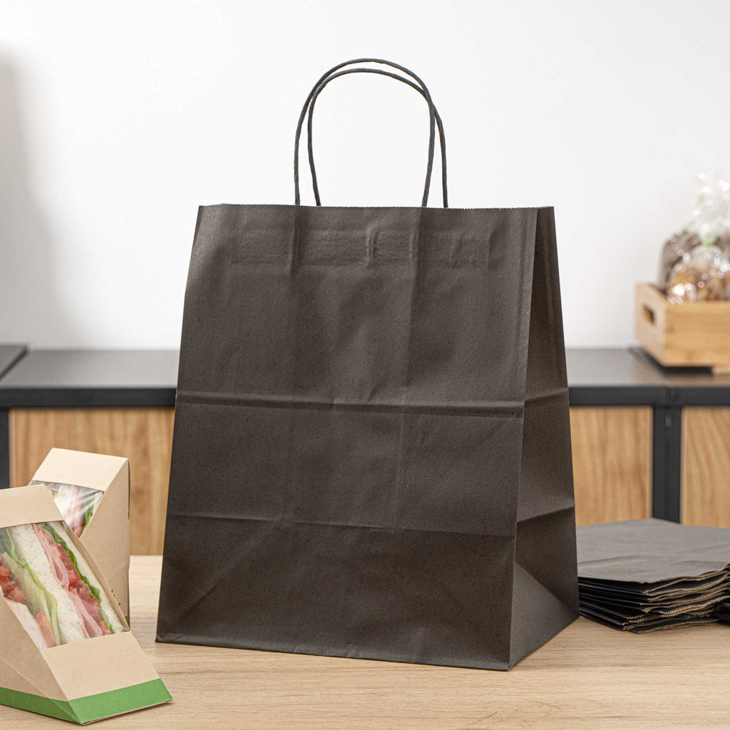 Saving Nature Black Paper Medium Retail Bag - with Handles - 10" x 6 3/4" x 12" - 100 count box