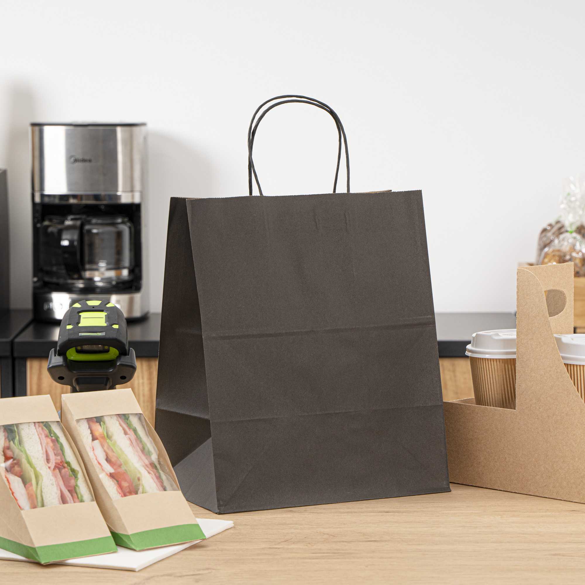 Saving Nature Black Paper Medium Retail Bag - with Handles - 10" x 6 3/4" x 12" - 100 count box