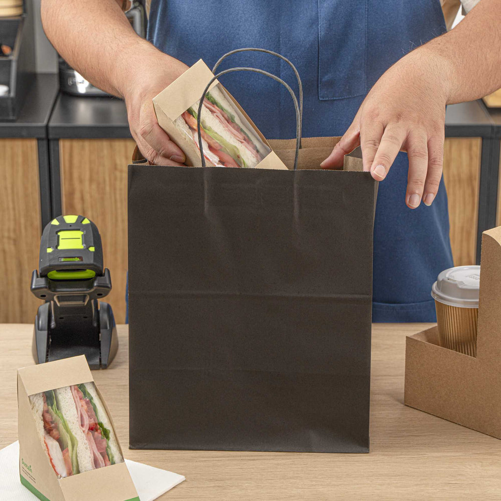 Saving Nature Black Paper Medium Retail Bag - with Handles - 10" x 6 3/4" x 12" - 100 count box