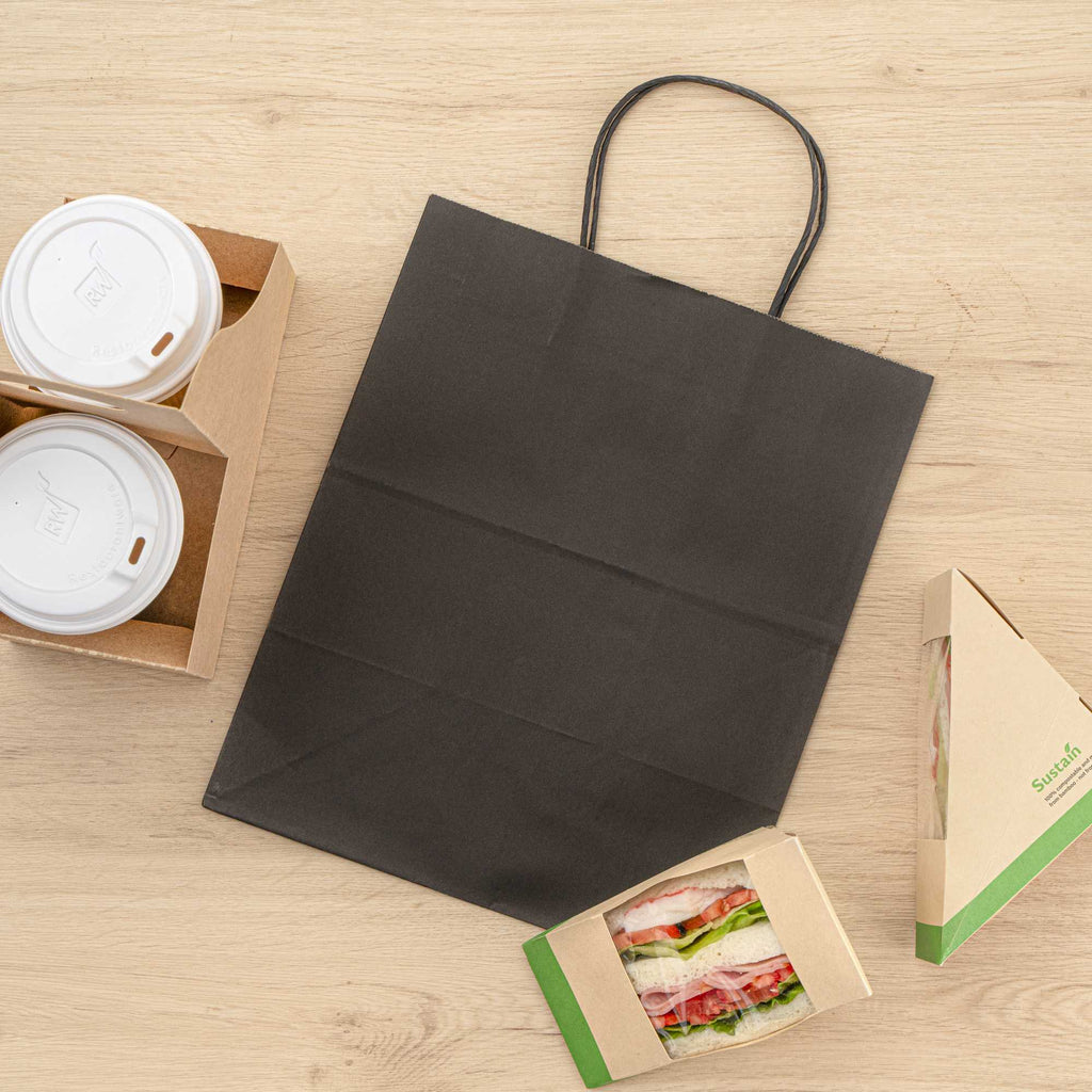 Saving Nature Black Paper Medium Retail Bag - with Handles - 10" x 6 3/4" x 12" - 100 count box