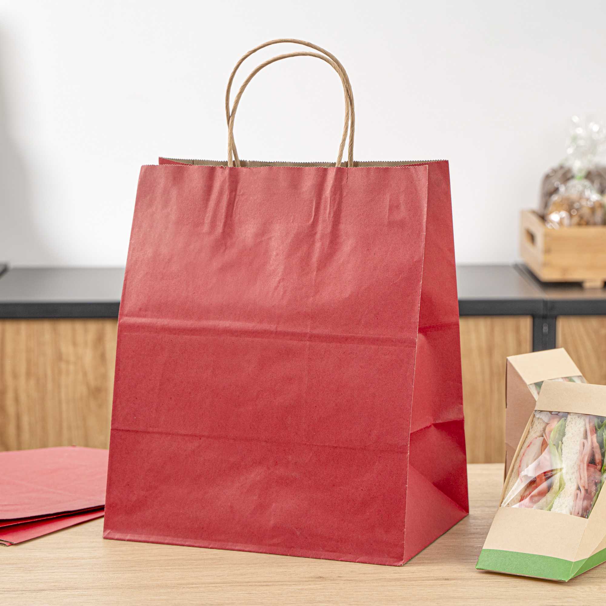 Saving Nature Red Paper Medium Retail Bag - with Handles - 10" x 6 3/4" x 12" - 100 count box