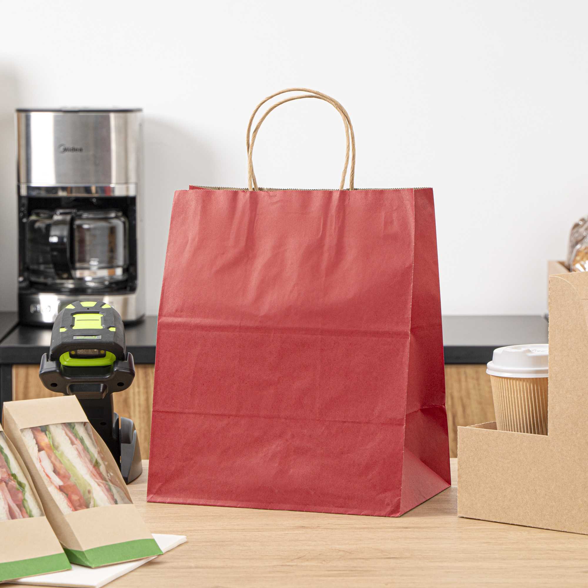 Saving Nature Red Paper Medium Retail Bag - with Handles - 10" x 6 3/4" x 12" - 100 count box