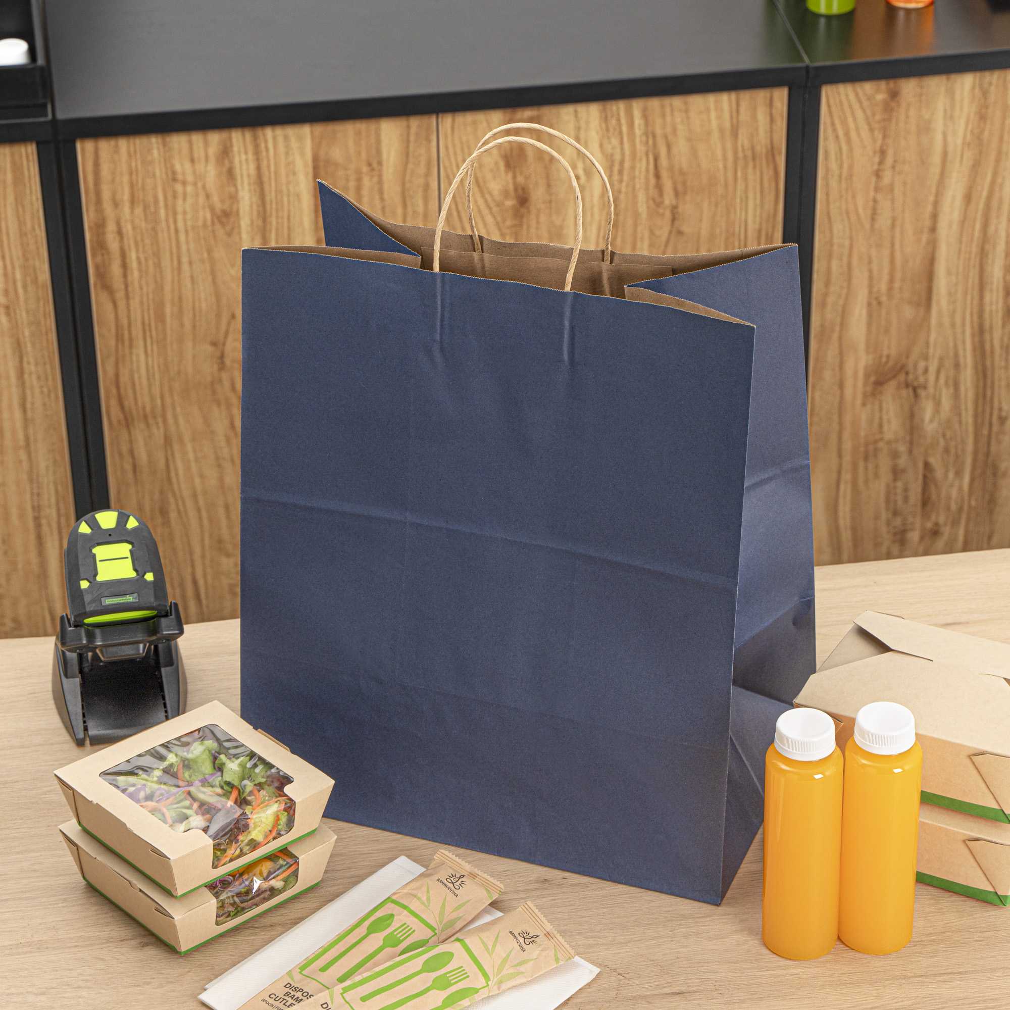 Saving Nature Dark Blue Paper Large Retail Bag - with Handles - 16" x 9 3/4" x 17 1/4" - 100 count box