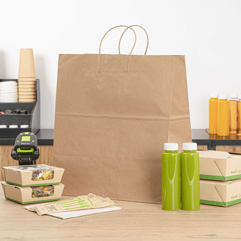 Saving Nature Kraft Paper Large Retail Bag - with Handles - 16" x 9 3/4" x 17 1/4" - 100 count box