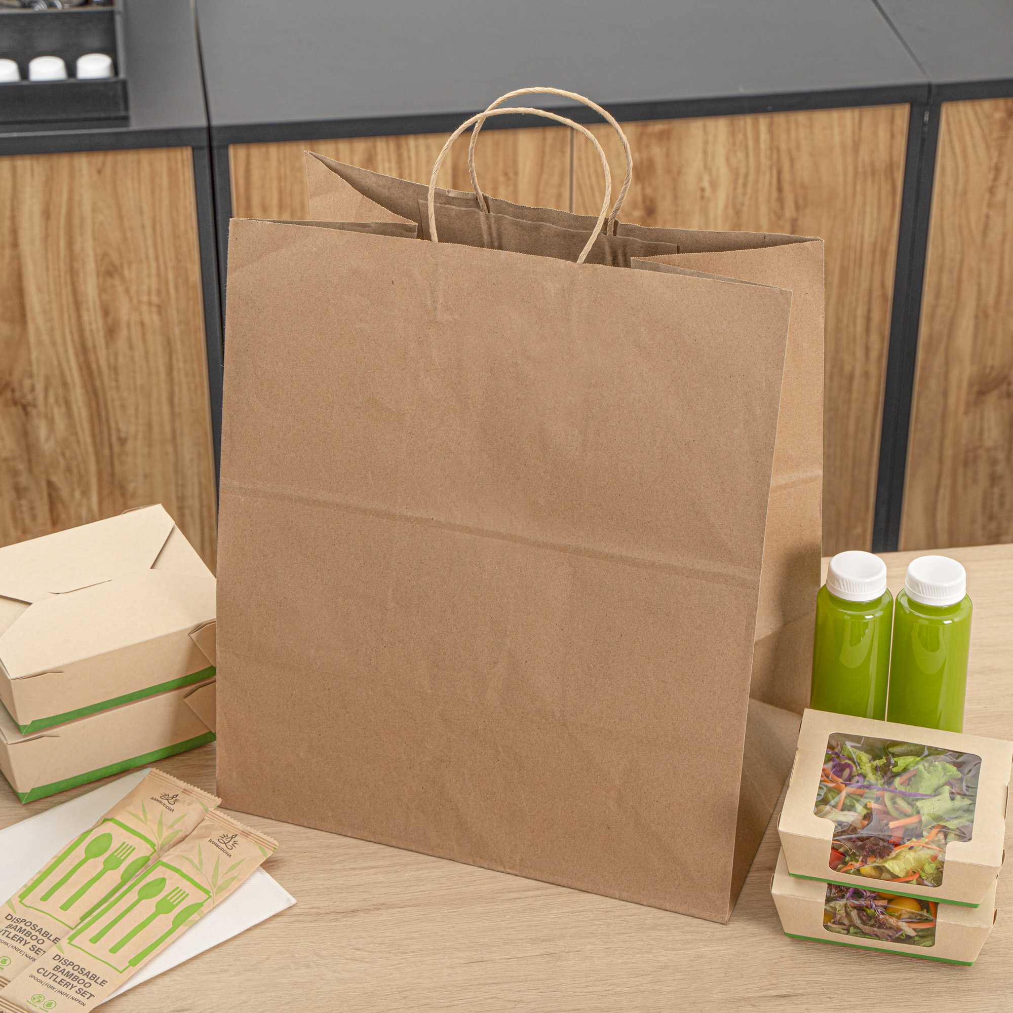 Saving Nature Kraft Paper Large Retail Bag - with Handles - 16" x 9 3/4" x 17 1/4" - 100 count box