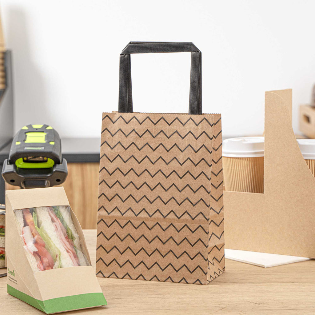 Saving Nature Kraft Paper Small Retail Bag - Black Zig Zag, with Handles - 6" x 3 1/4" x 8 1/4" - 100 count box
