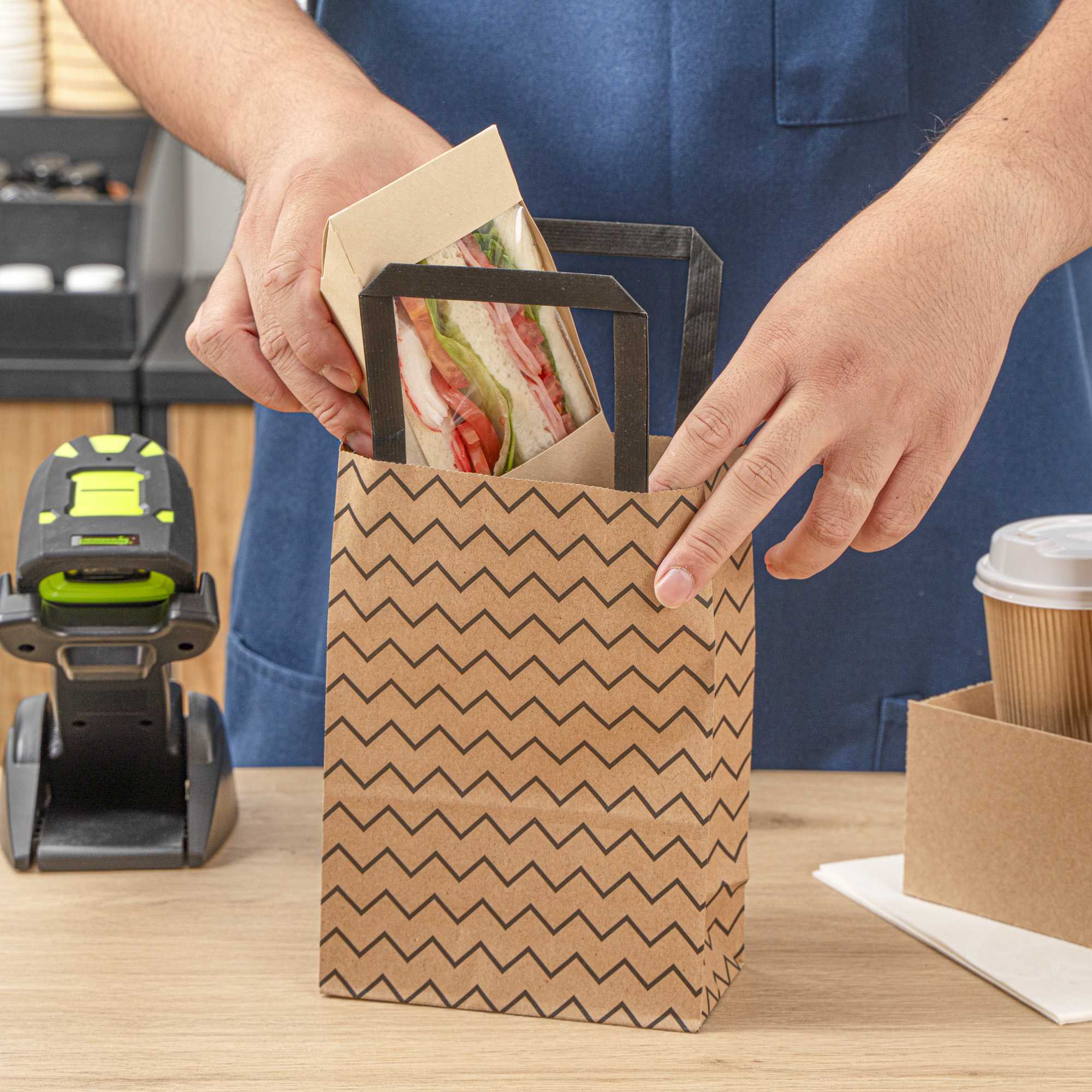 Saving Nature Kraft Paper Small Retail Bag - Black Zig Zag, with Handles - 6" x 3 1/4" x 8 1/4" - 100 count box