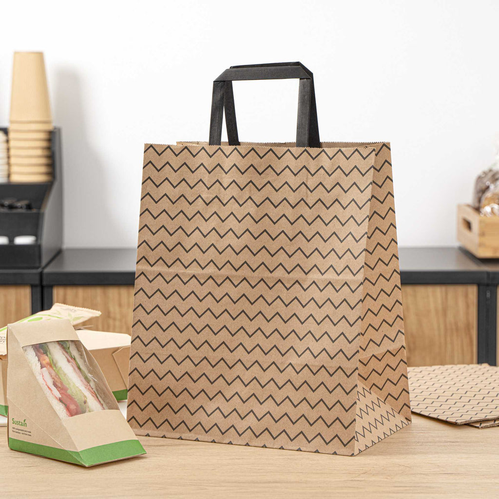 Saving Nature Kraft Paper Medium Retail Bag - Black Zig Zag, with Handles - 10" x 6 3/4" x 12" - 100 count box