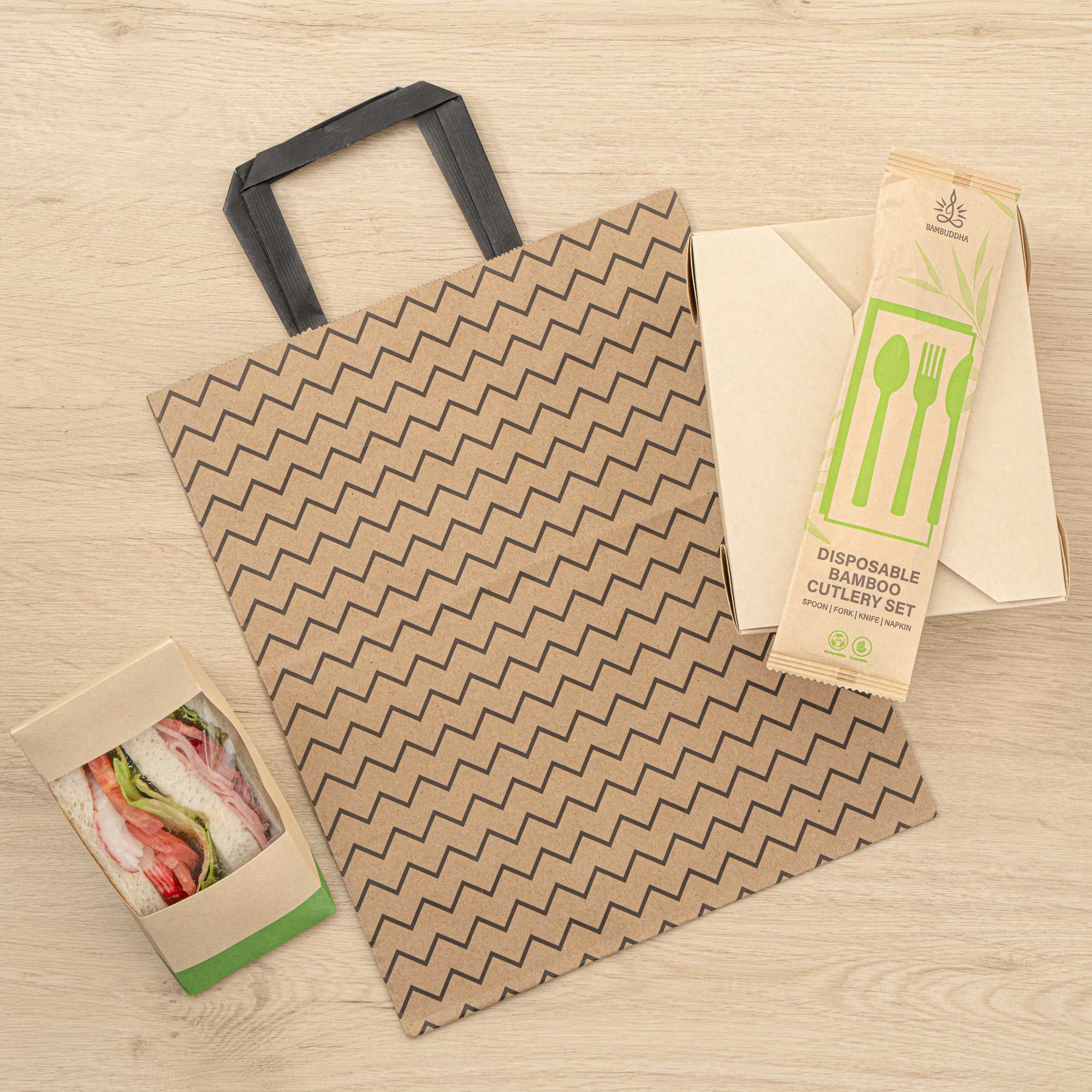 Saving Nature Kraft Paper Medium Retail Bag - Black Zig Zag, with Handles - 10" x 6 3/4" x 12" - 100 count box