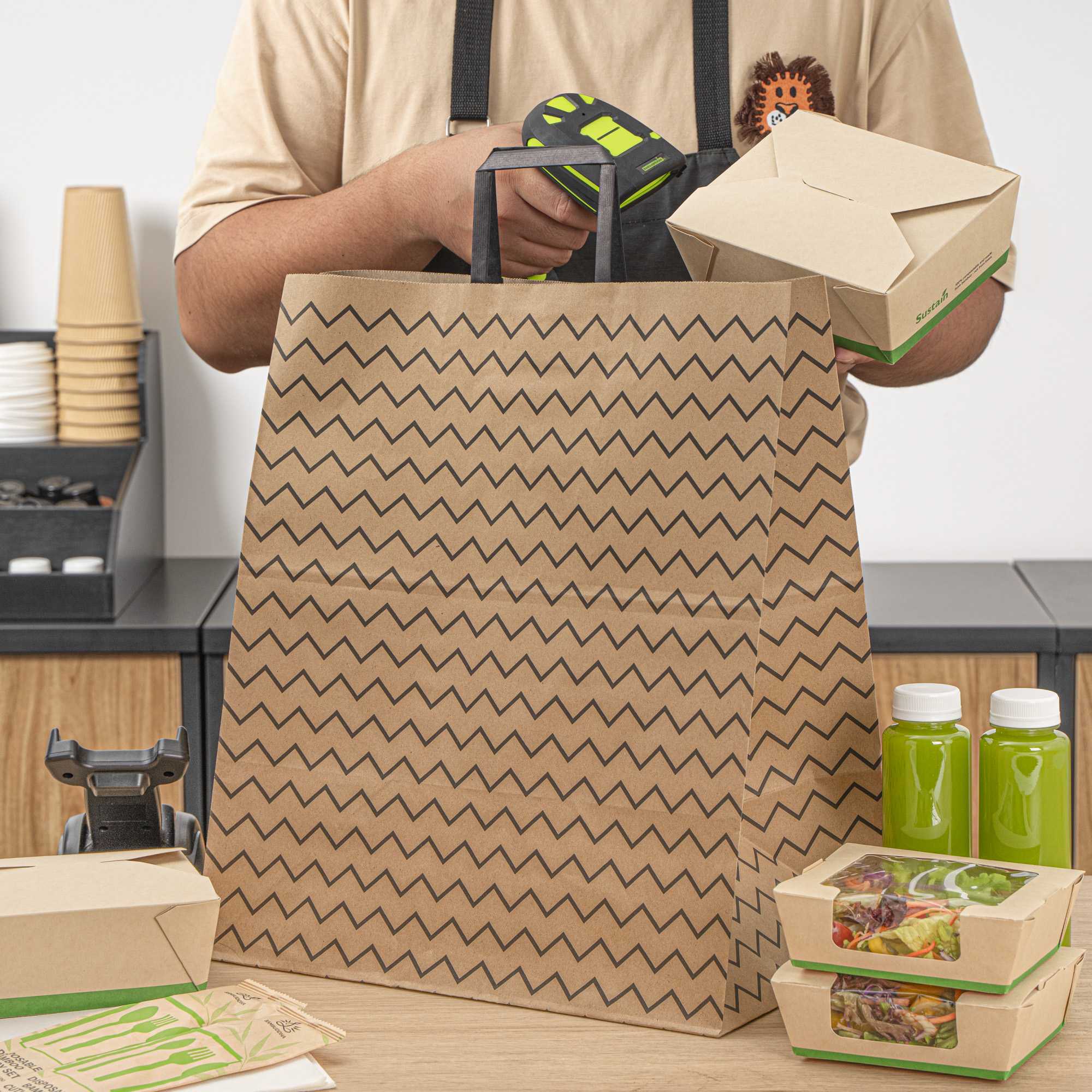 Saving Nature Kraft Paper Large Retail Bag - Black Zig Zag, with Handles - 16" x 9 3/4" x 17 1/4" - 100 count box