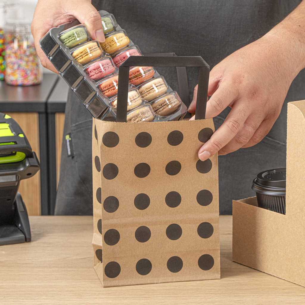 Saving Nature Kraft Paper Small Retail Bag - Black Polka Dot, with Handles - 6" x 3 1/4" x 8 1/4" - 100 count box