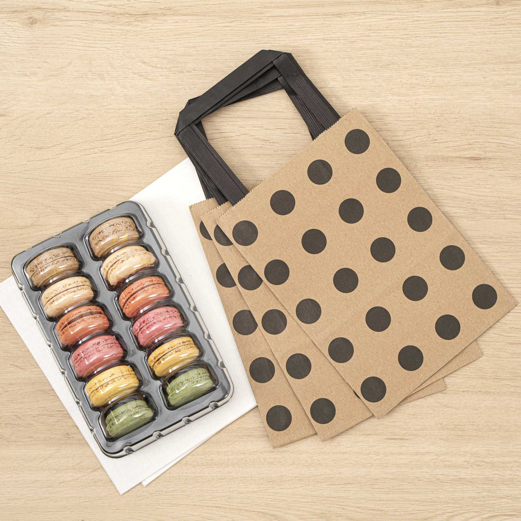 Saving Nature Kraft Paper Small Retail Bag - Black Polka Dot, with Handles - 6" x 3 1/4" x 8 1/4" - 100 count box