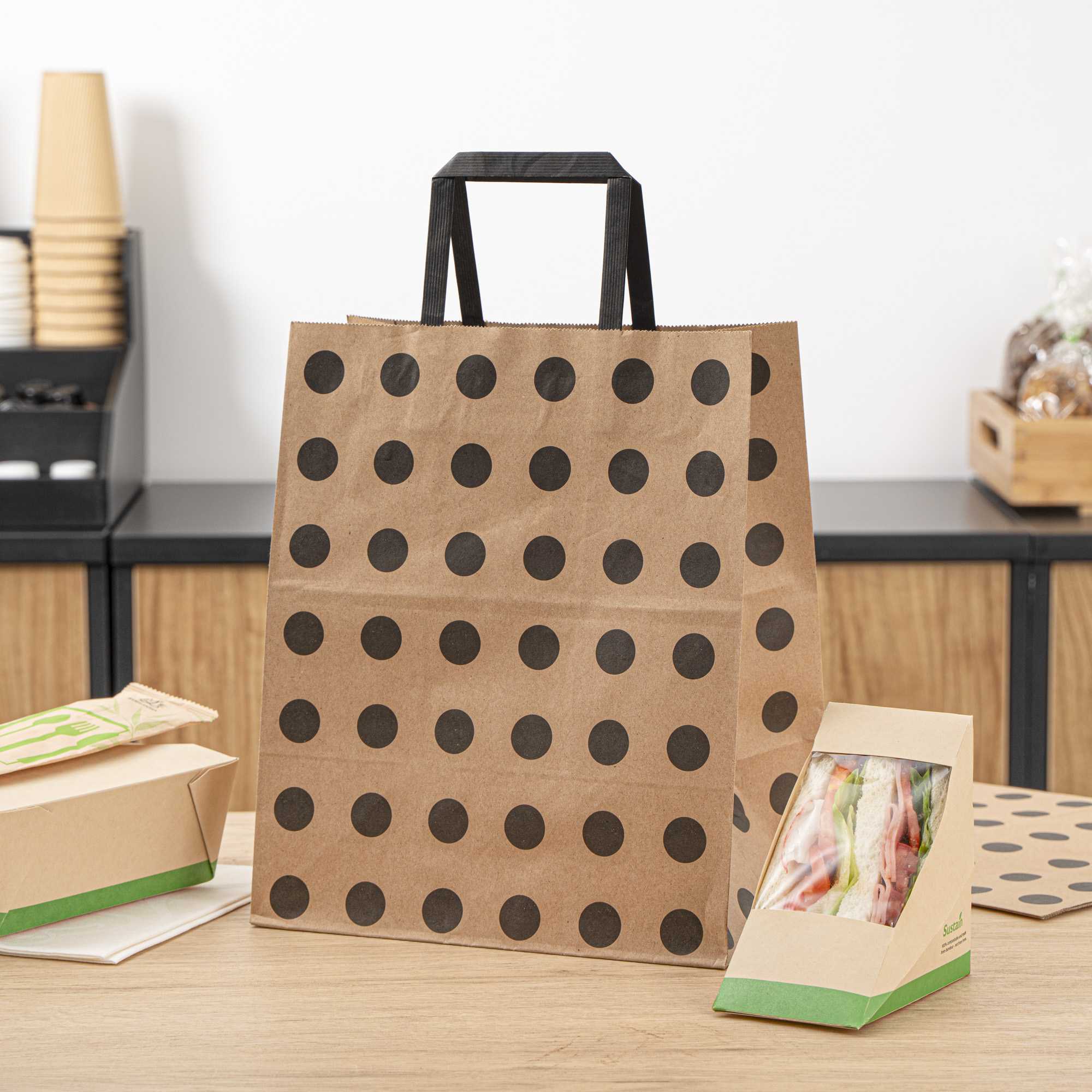 Saving Nature Kraft Paper Medium Retail Bag - Black Polka Dot, with Handles - 10" x 6 3/4" x 12" - 100 count box