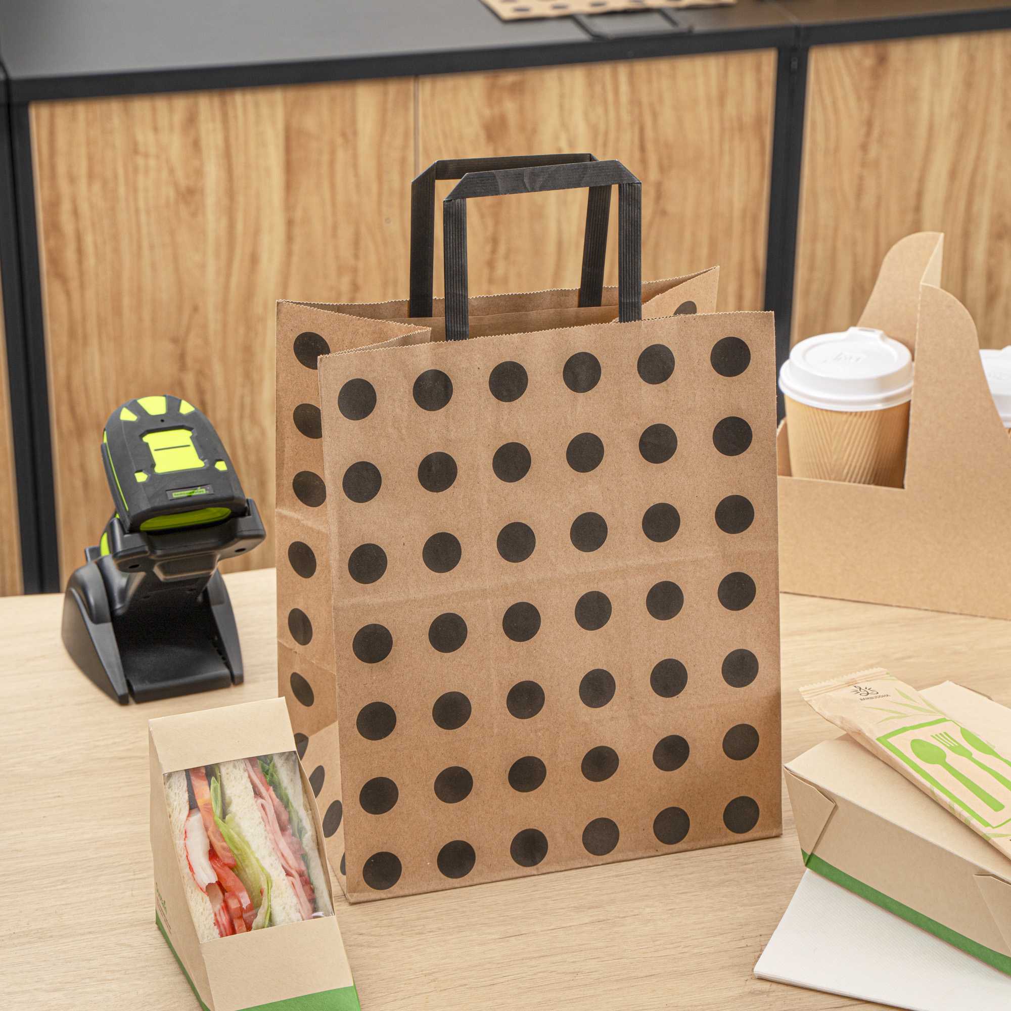 Saving Nature Kraft Paper Medium Retail Bag - Black Polka Dot, with Handles - 10" x 6 3/4" x 12" - 100 count box