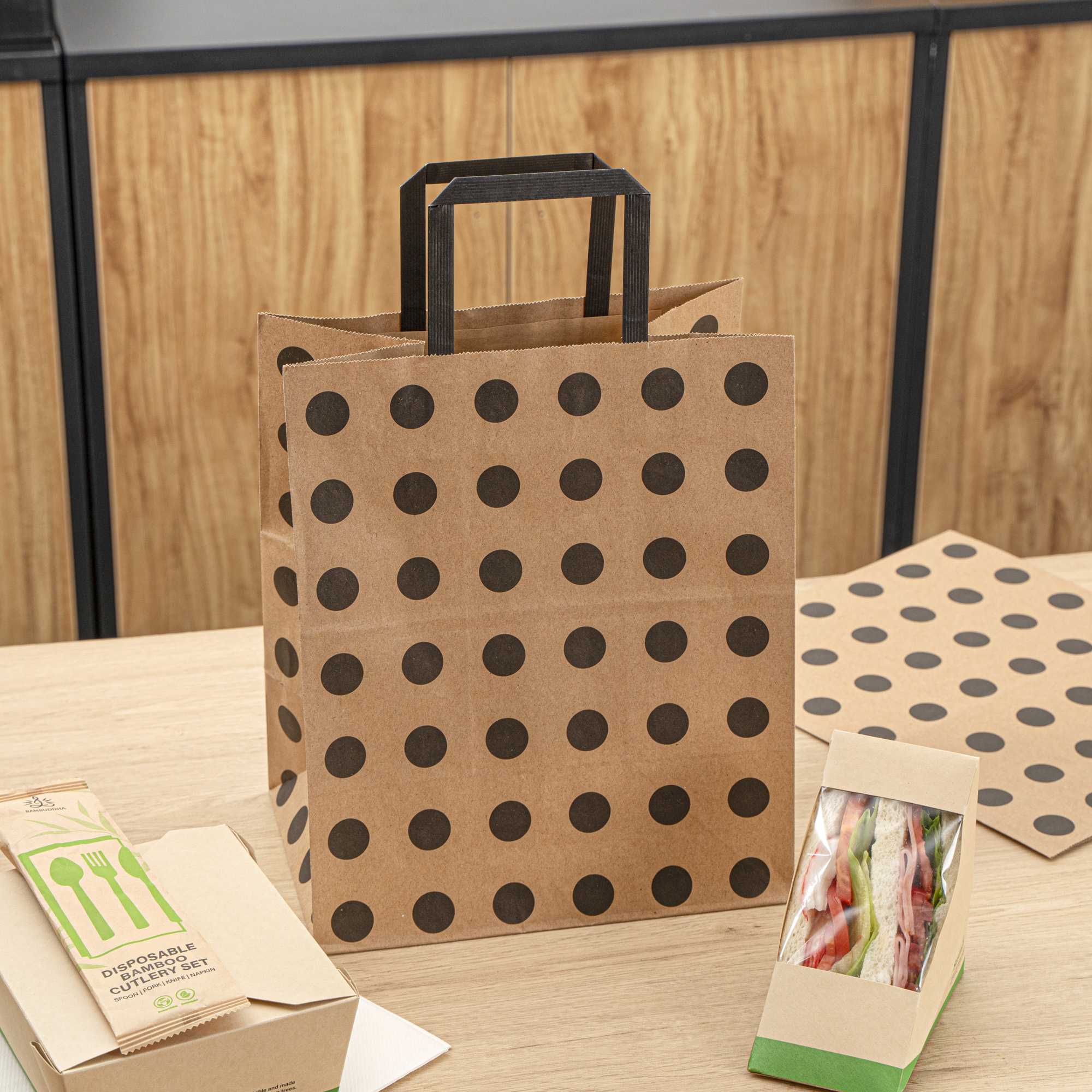 Saving Nature Kraft Paper Medium Retail Bag - Black Polka Dot, with Handles - 10" x 6 3/4" x 12" - 100 count box